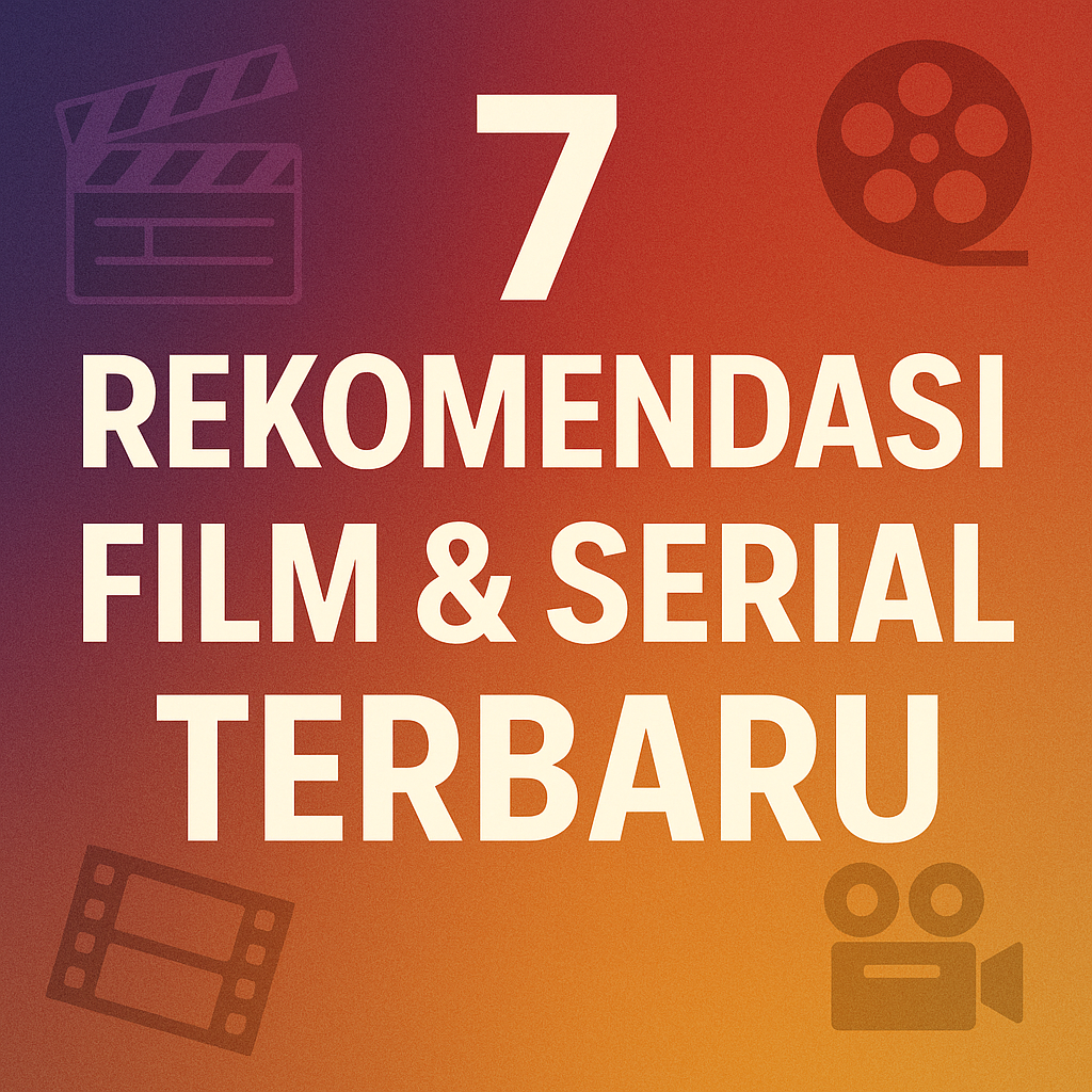 Poster rekomendasi film dan serial terbaru dengan desain modern berwarna gradasi dan ikon sinema
