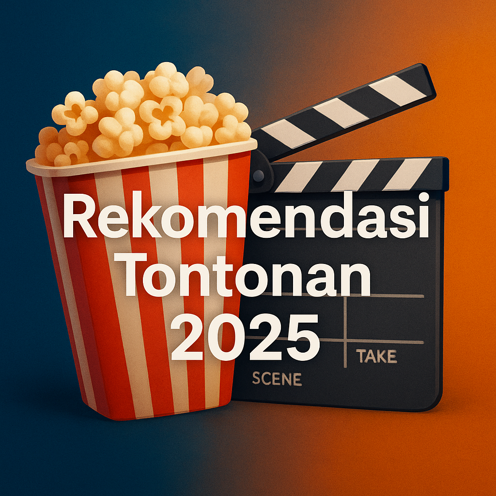 Poster sinematik berwarna biru keemasan dengan tulisan “Rekomendasi Tontonan 2025”, menampilkan ember popcorn merah putih dan papan clapper film di latar, menciptakan suasana bioskop modern yang hangat dan menarik.