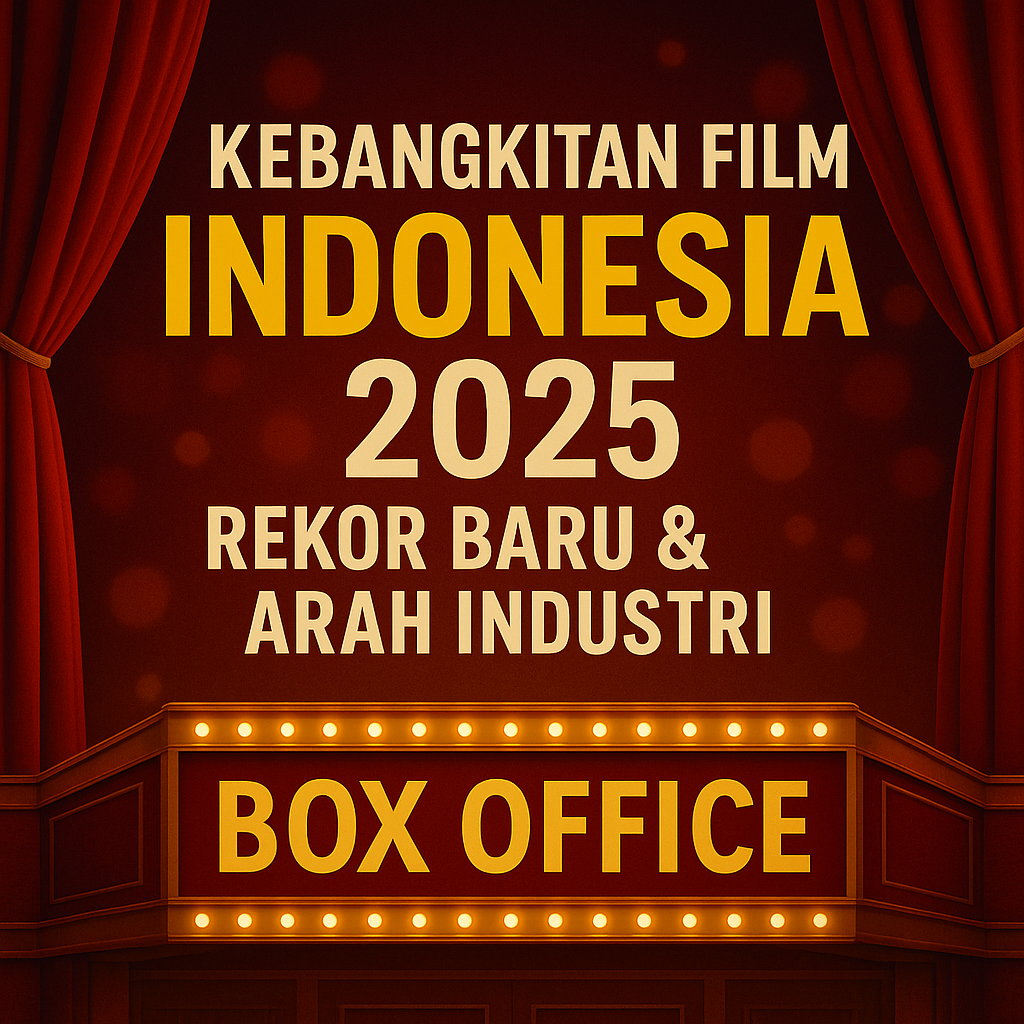 Gambar poster bertema box office dengan tirai merah, lampu marquee, dan judul “Kebangkitan Film Indonesia 2025: Rekor Baru & Arah Industri”.
