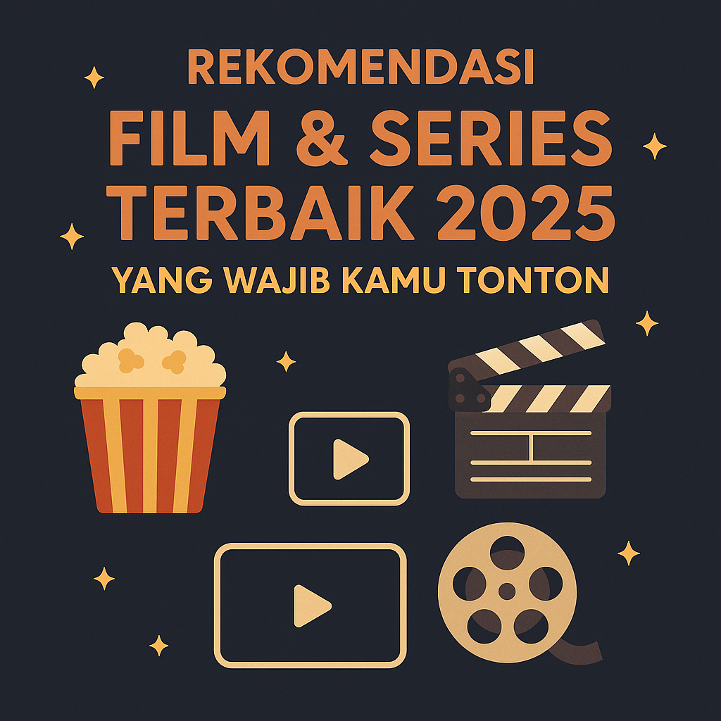 Poster rekomendasi film dan series terbaik 2025 dengan ikon popcorn, kamera film, dan clapperboard bergaya modern di latar biru gelap.
