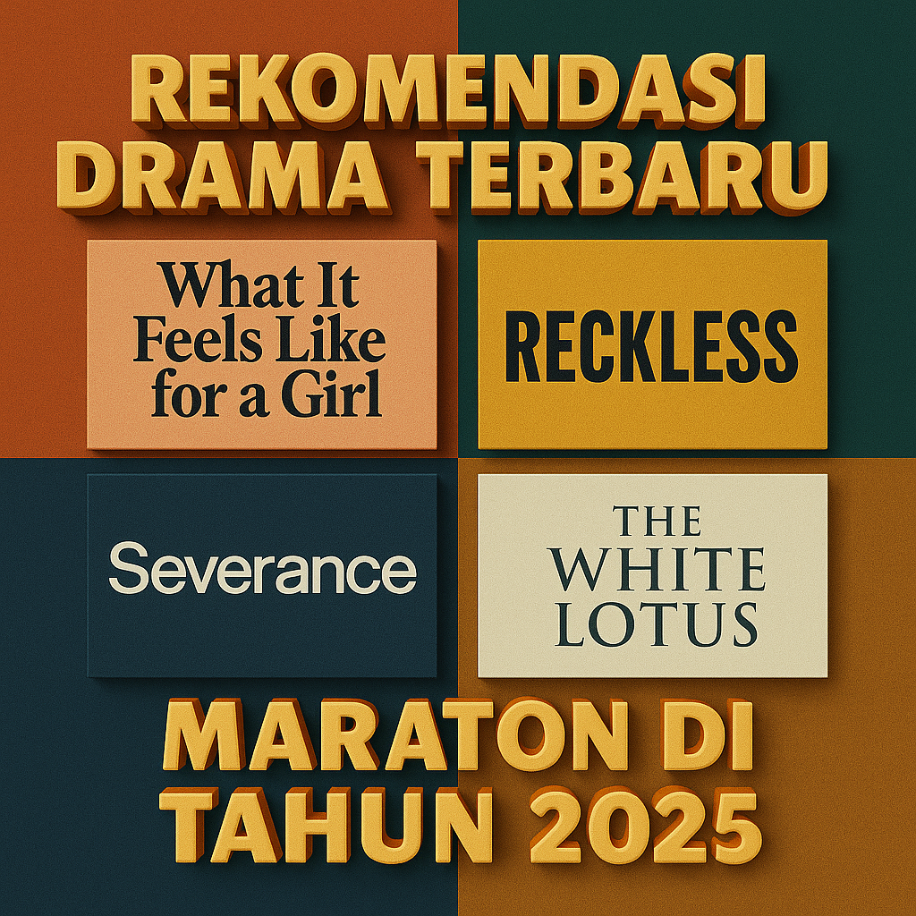 “Poster rekomendasi drama terbaru 2025 bergaya cinematic dengan teks 3D dan daftar seri populer untuk maraton.